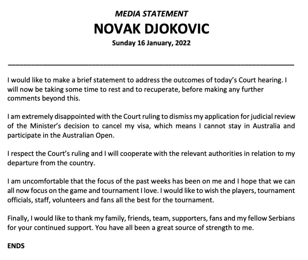 Djokovic statement